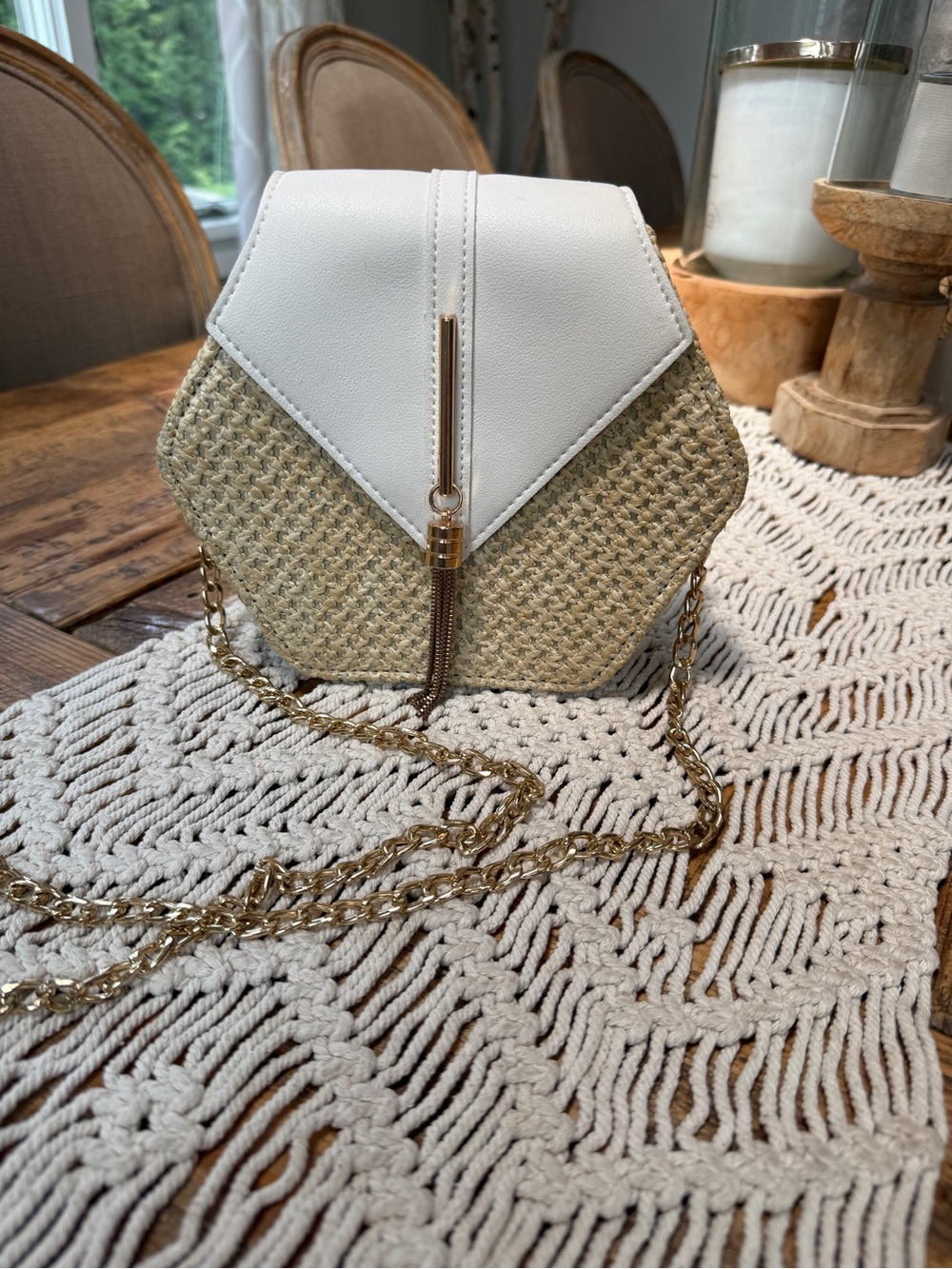White & Natural Woven Hexagon Crossbody Bag with Gold Chain
